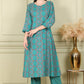W for Woman Blue Floral Printed Flared Rayon Kurta With Lace