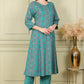 W for Woman Blue Floral Printed Flared Rayon Kurta With Lace