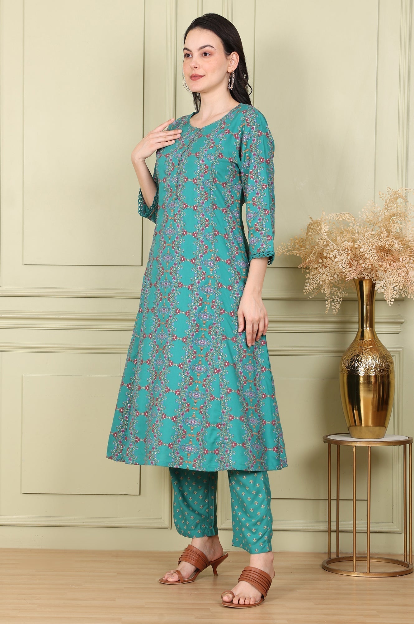 W for Woman Blue Floral Printed Flared Rayon Kurta With Lace