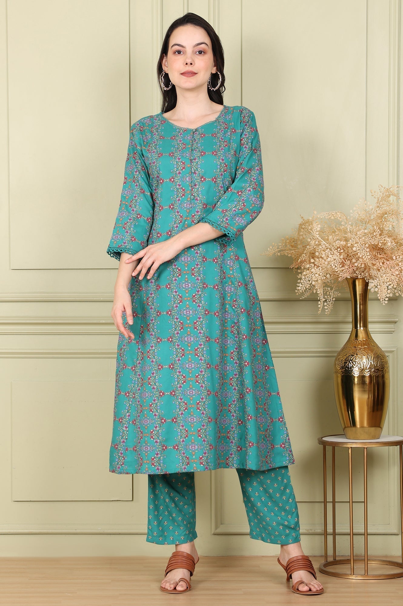 W for Woman Blue Floral Printed Flared Rayon Kurta And Straight Pants Set