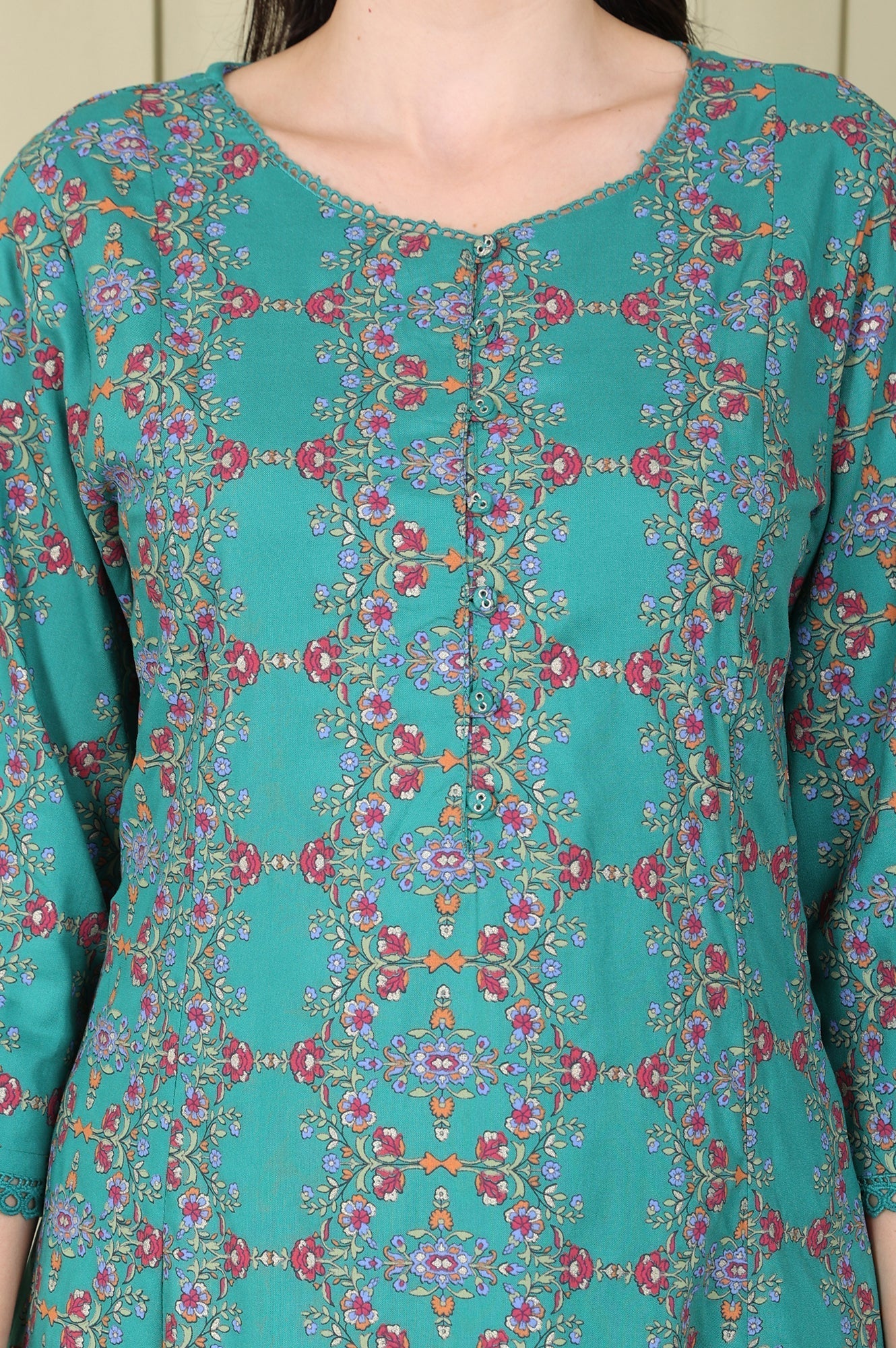 W for Woman Blue Floral Printed Flared Rayon Kurta And Straight Pants Set