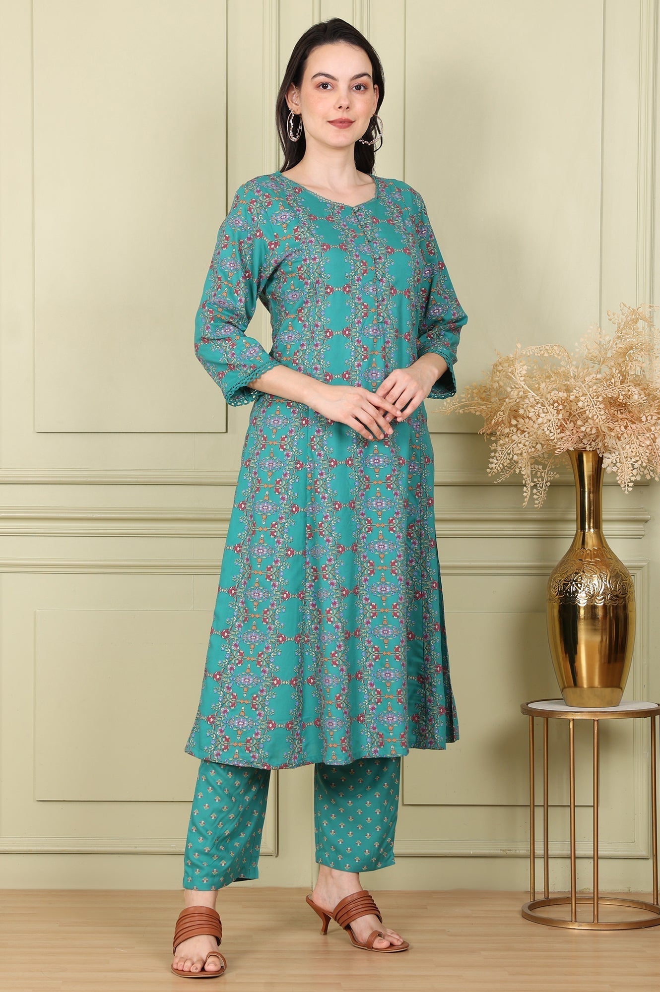 W for Woman Blue Floral Printed Flared Rayon Kurta And Straight Pants Set