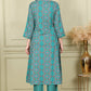 W for Woman Blue Floral Printed Flared Rayon Kurta And Straight Pants Set