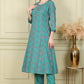 W for Woman Blue Floral Printed Flared Rayon Kurta And Straight Pants Set