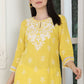 W for Woman Yellow Floral Printed Dull Shantung Chikankari Straight Kurta