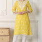 W for Woman Yellow Floral Printed Dull Shantung Chikankari Straight Kurta