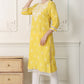 W for Woman Yellow Floral Printed Dull Shantung Chikankari Straight Kurta