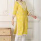 W for Woman Yellow Floral Printed Dull Shantung Chikankari Straight Kurta