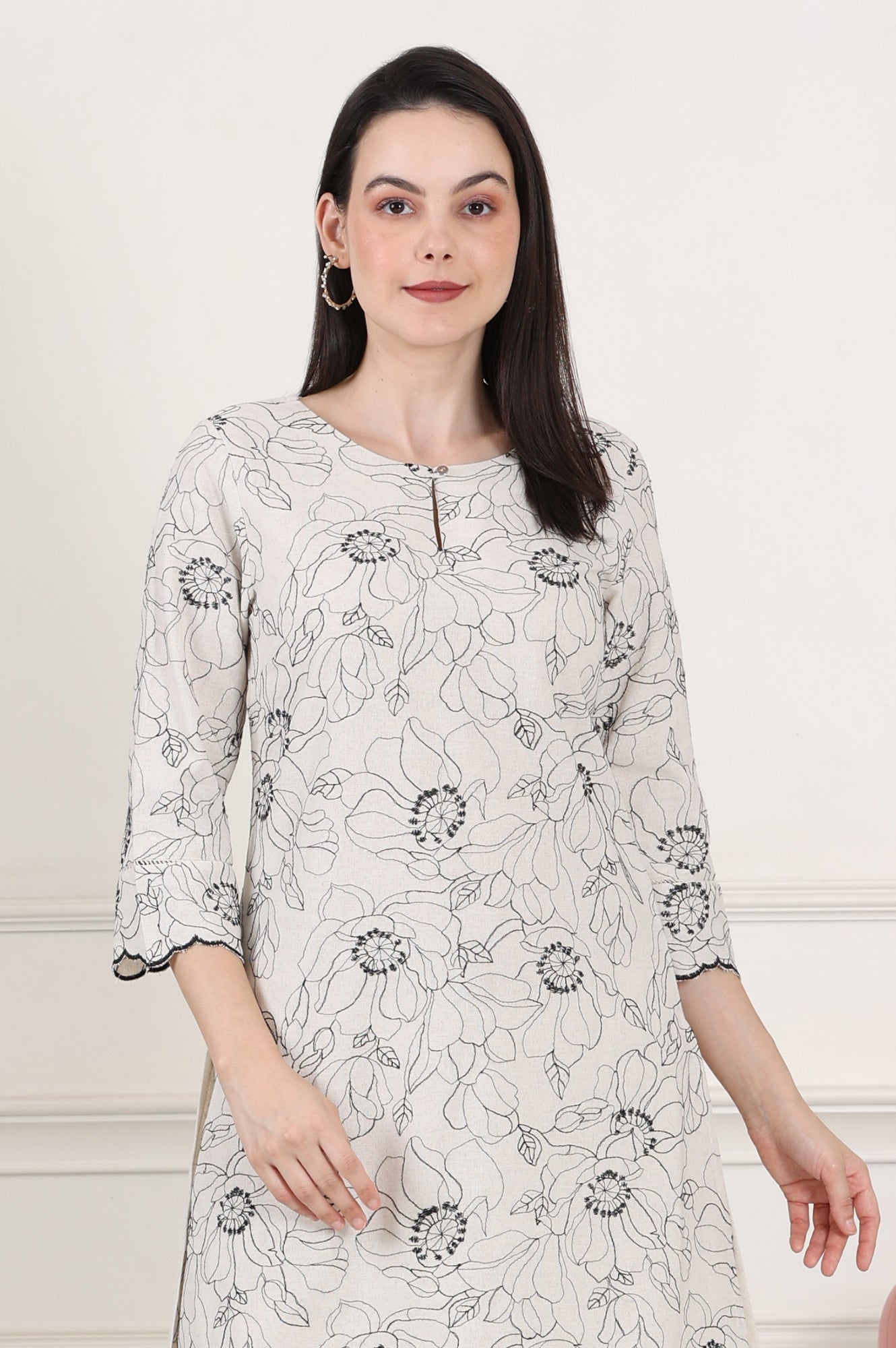 W for Woman Beige Thread Work Linen Straight Kurta With Scalloped Hemline
