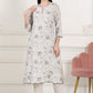 W for Woman Beige Thread Work Linen Straight Kurta With Scalloped Hemline