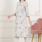 W for Woman Beige Thread Work Linen Straight Kurta With Scalloped Hemline