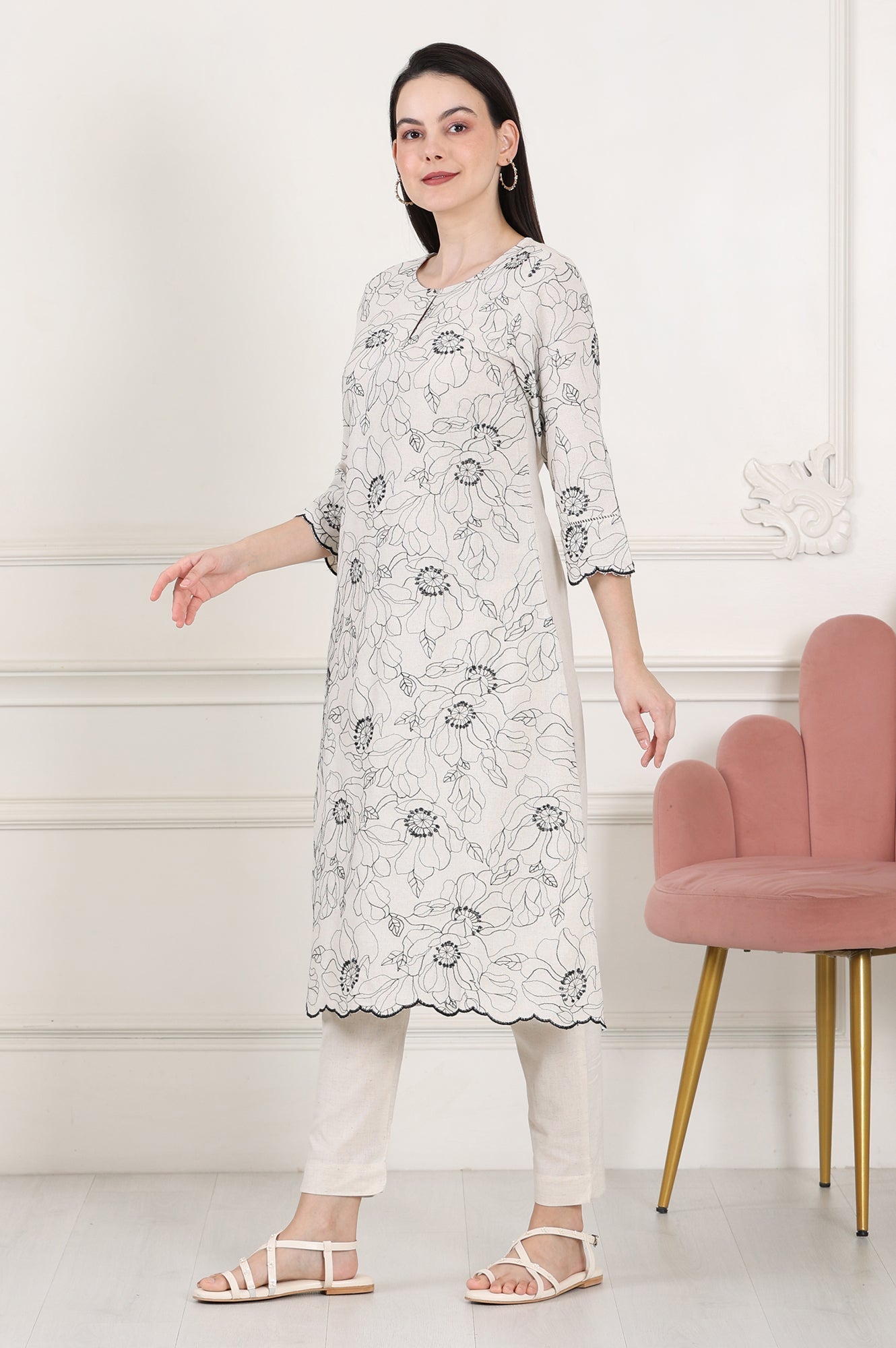 W for Woman Beige Thread Work Linen Straight Kurta With Scalloped Hemline