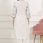 W for Woman Beige Thread Work Linen Straight Kurta With Scalloped Hemline