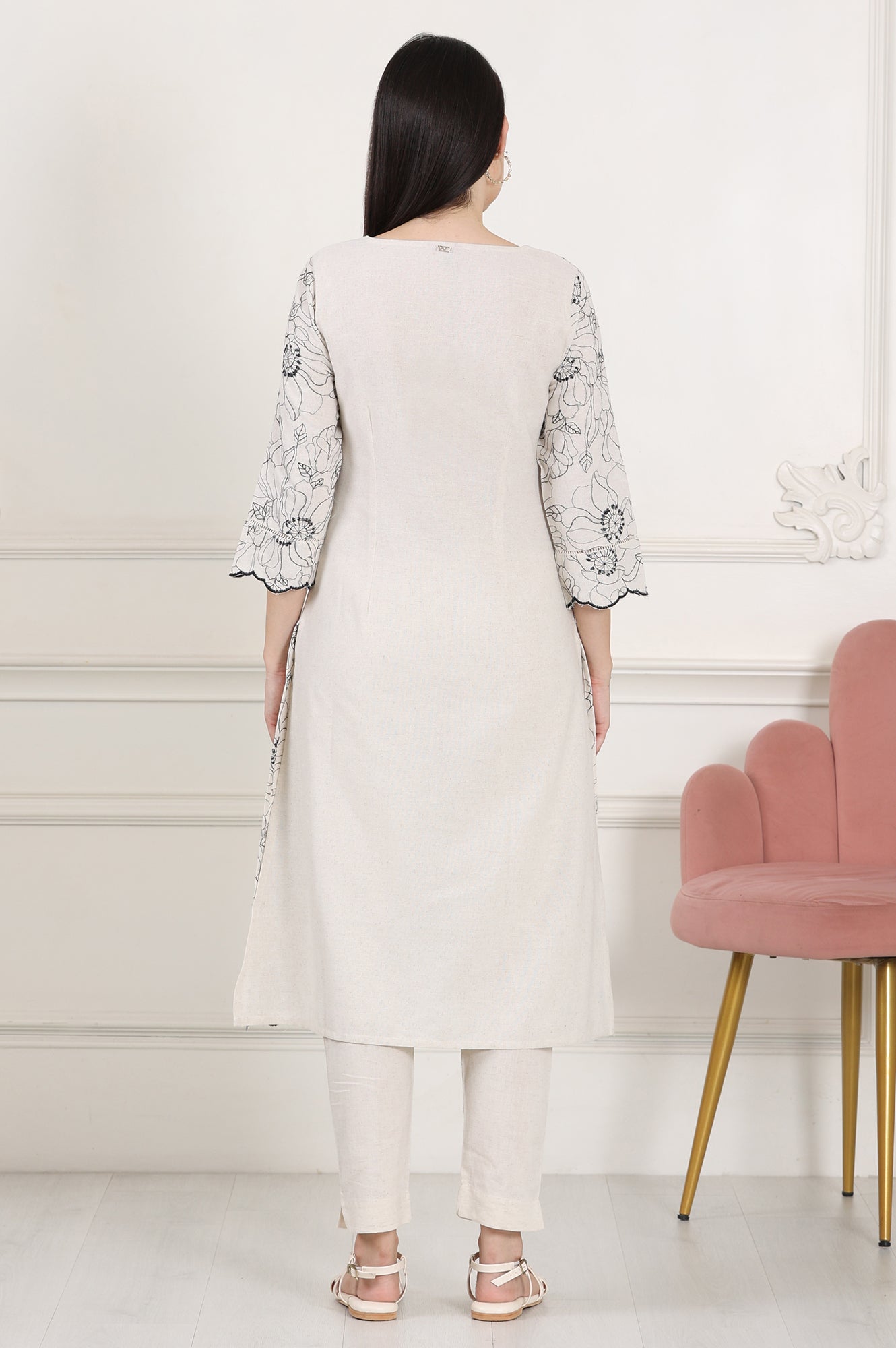 W for Woman Beige Thread Work Linen Straight Kurta With Scalloped Hemline