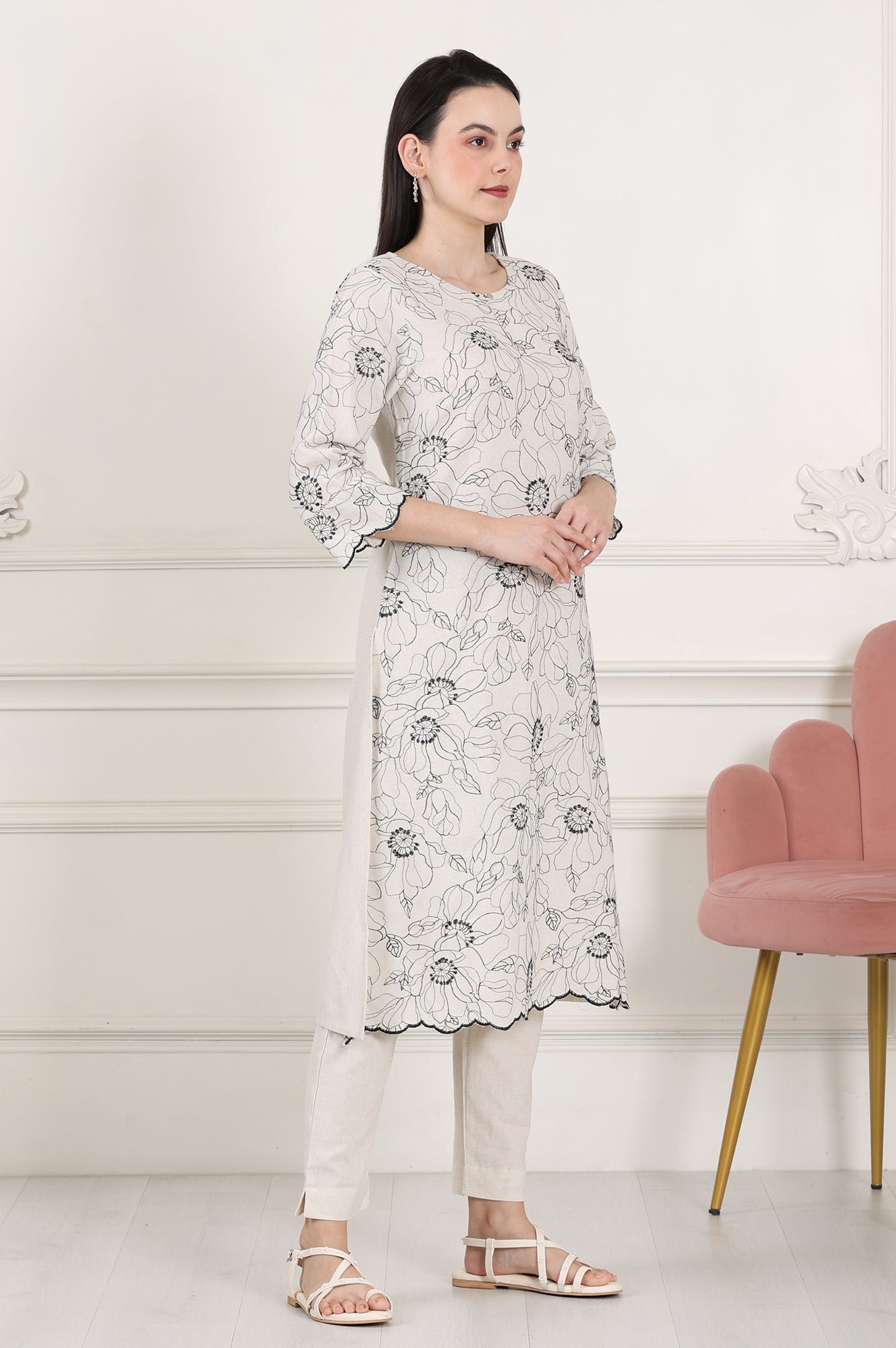 W for Woman Beige Thread Work Linen Straight Kurta With Scalloped Hemline