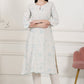 W for Woman Beige Thread Work Linen Straight Kurta With Scalloped Hemline