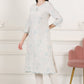 W for Woman Beige Thread Work Linen Straight Kurta With Scalloped Hemline