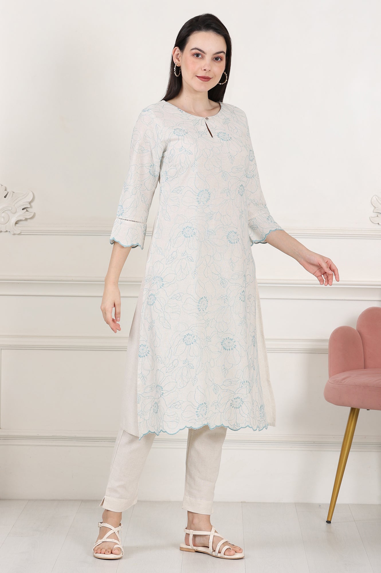 W for Woman Beige Thread Work Linen Straight Kurta With Scalloped Hemline