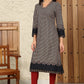 W for Woman Black Geometric Printed Rayon A-Line Kurta With Metallic Embroidery On Neck