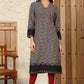 W for Woman Black Geometric Printed Rayon A-Line Kurta With Metallic Embroidery On Neck