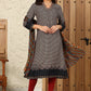 W for Woman Black Geometric Printed Rayon A-Line Kurta With Metallic Embroidery On Neck