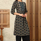 W for Woman Black Geometric Printed Rayon Crepe A-Line Kurta With Metallic Embroidery On Yoke