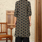 W for Woman Black Geometric Printed Rayon Crepe A-Line Kurta With Metallic Embroidery On Yoke