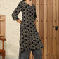 W for Woman Black Geometric Printed V-Neck Rayon Crepe Kurta With Sequin Detailing