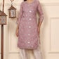 W for Woman Lilac Foil Printed Kota Doriya Kurta With Zari Embroidered Neck