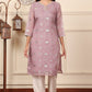W for Woman Lilac Foil Printed Kota Doriya Kurta With Zari Embroidered Neck