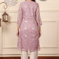 W for Woman Lilac Foil Printed Kota Doriya Kurta With Zari Embroidered Neck