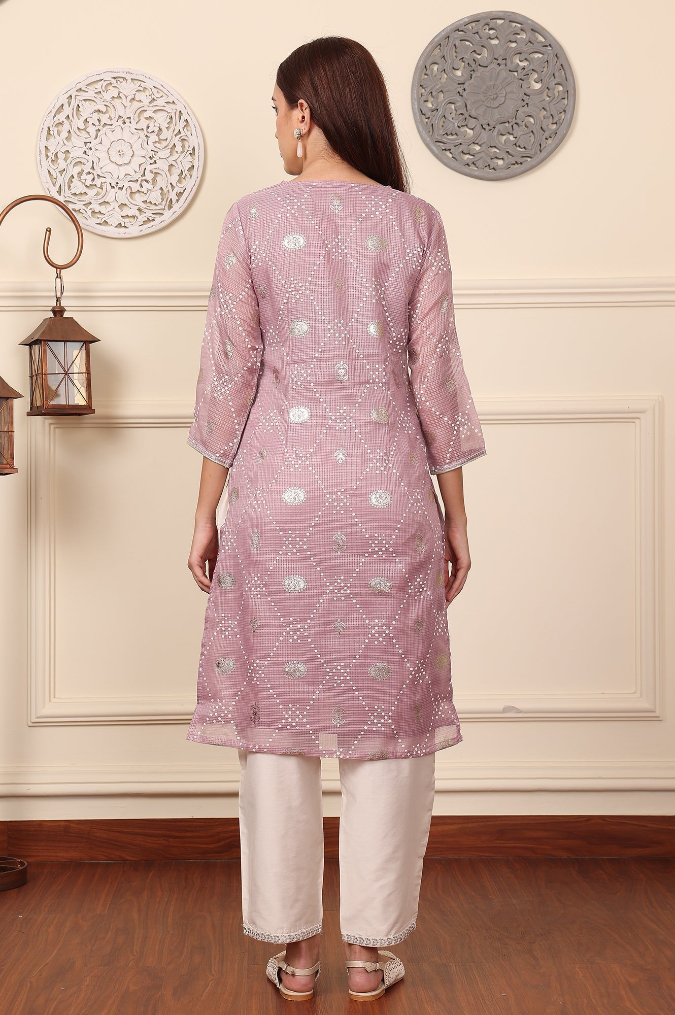W for Woman Lilac Foil Printed Kota Doriya Kurta With Zari Embroidered Neck