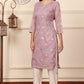 W for Woman Lilac Foil Printed Kota Doriya Kurta With Zari Embroidered Neck