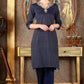 W for Woman Blue Cotton Lurex Festive Kurta With Embroidered Neckine