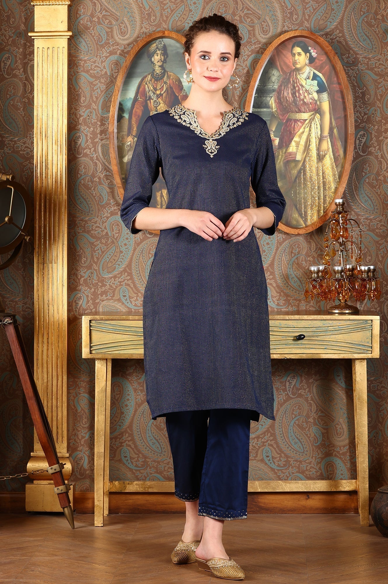 W for Woman Blue Cotton Lurex Festive Kurta With Embroidered Neckine