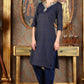 W for Woman Blue Cotton Lurex Festive Kurta With Embroidered Neckine