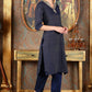 W for Woman Blue Cotton Lurex Festive Kurta With Embroidered Neckine