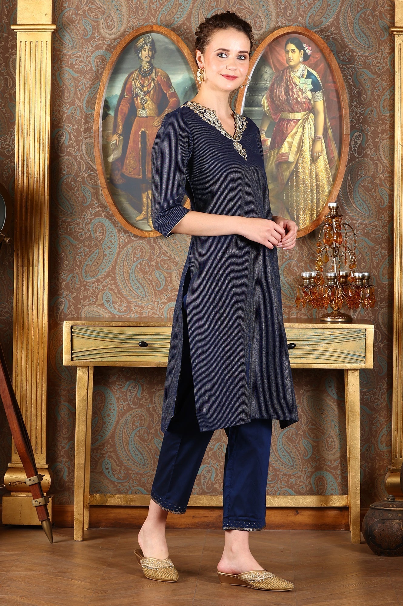 W for Woman Blue Cotton Lurex Festive Kurta With Embroidered Neckine