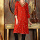 W for Woman Ceramic Red Printed Straight Rayon Kurta With Metallic Embroidery On Neck