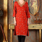 W for Woman Ceramic Red Printed Straight Rayon Kurta With Metallic Embroidery On Neck