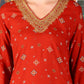 W for Woman Ceramic Red Printed Straight Rayon Kurta With Metallic Embroidery On Neck