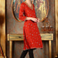W for Woman Ceramic Red Printed Straight Rayon Kurta With Metallic Embroidery On Neck