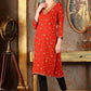 W for Woman Ceramic Red Printed Straight Rayon Kurta With Metallic Embroidery On Neck