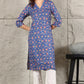 W for Woman Blue Small Buti Floral Printed Straight Kurta With Lace V-Neck
