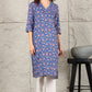 W for Woman Blue Small Buti Floral Printed Straight Kurta With Lace V-Neck