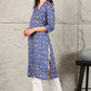 W for Woman Blue Small Buti Floral Printed Straight Kurta With Lace V-Neck