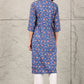 W for Woman Blue Small Buti Floral Printed Straight Kurta With Lace V-Neck