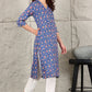 W for Woman Blue Small Buti Floral Printed Straight Kurta With Lace V-Neck