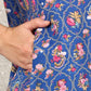 W for Woman Blue Small Buti Floral Printed Straight Kurta With Lace V-Neck