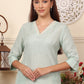W for Woman Blue Solid Snow Linen Straight Kurta With Thread Work On Neck
